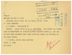["This is a confirmation of a message telephoned to someone on July 8, 1963, regarding a lease matter that was turned over to the Department of Justice. A final decision is expected soon."]