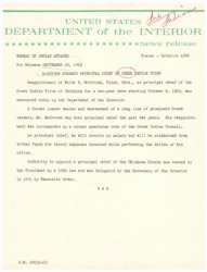 ["Waldo E. McIntosh has been reappointed as the principal chief of the Creek Indian Tribe of Oklahoma for a two-year term starting in October 1963. He is a former lumber dealer and descendant of prominent Creek leaders. His reappointment was recommended by a unanimous vote of the Creek Indian Council. The principal chief does not receive a salary but is reimbursed for travel expenses. The authority to appoint the principal chief was delegated to the Secretary of the Interior in 1951."]