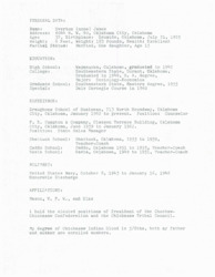 ["The individual named Overton James has personal data such as age, address, education, and experience listed. He has a background in education, with degrees in sociology-economics and a masters degree. He has worked in various teaching and coaching positions in schools, as well as in sales and counseling roles. He also served in the United States Navy. He is affiliated with various organizations and holds elected positions within the Choctaw-Chickasaw Confederation and the Chickasaw Tribal Council. He has 5/8ths degree of Chickasaw Indian Blood."]