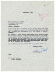 ["Tom Steed, a member of Congress, is recommending Paul McKinney for the position of Governor of the Chickasaw Tribe of Indians to replace the late Floyd Maytubby. Steed highlights McKinney's qualifications, including his background as an attorney, his tribal heritage, and his involvement in youth and civic organizations. He asks Secretary of the Interior Stewart L. Udall to consider McKinney for the appointment."]