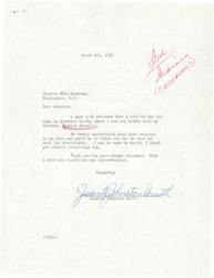 ["Juanita Johnston Smith writes to Senator Mike Monroney to inform him that her brother, Douglas Johnston, appreciates the offer of an appointment but does not want it. She apologizes for the misunderstanding and thanks the Senator for his prompt response."]