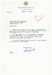 ["Earl Welch thanks Senator Mike Monroney for his help in appointing a new Governor for the Chickasaw Nation of Indians of Oklahoma. Welch hopes that E. B. Maytubby of Muskogee will be appointed and expresses confidence that there will be no regrets. Welch signs off expressing sincere appreciation and friendship towards Senator Monroney."]