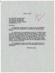 ["The letter is recommending E. B. Maytubby for the appointment as Governor of the Chickasaw Nation, highlighting his distinguished record as an Indian leader and his involvement in tribal affairs. It mentions his election as County Treasurer multiple times and describes him as a lifelong Democrat and outstanding American. The letter expresses confidence in Maytubby's qualifications for the appointment."]