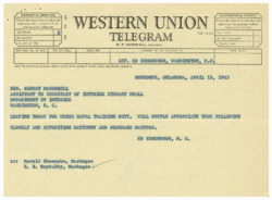 ["The text is a form for sending a telegram, specifying different classes of service such as domestic or international, as well as options for sending a day letter, night letter, or letter telegram. It also includes fields for the sender to indicate how the message will be paid for and who it should be charged to, as well as the time the message was filed. The text includes a sample message being sent to Honorable Robert McConnell regarding naval training duty."]