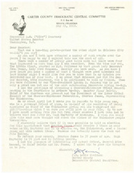 ["The letter is from J.D. Lewis, Chairman of the Carter County Democratic Central Committee, to Senator A.S. Monroney. Lewis praises Monroney's recent speech at an event in Oklahoma City and expresses his support for Overton James to be appointed as Chief of the Chickasaws, rather than Hugh Maytubby. Lewis believes James is a better candidate due to his youth and modern ideas. Lewis also mentions introducing General Mike Massad to Chief Belvin and James."]