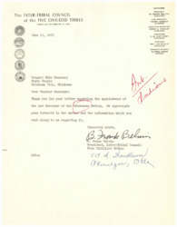 ["The text includes a list of officers of the Inter-Tribal Council of the Five Civilized Tribes, including the President, Vice President, Executive Secretary, Treasurer, Chaplain, Sergeant-at-Arms, and members of the security departments. It also mentions a letter from Senator Mike Monroney regarding the appointment of a new Governor of the Chickasaw Nation, to which the President of the Council, B. Frank Belvin, responded with thanks."]