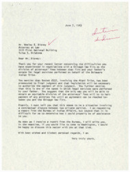 ["Disney received a letter from a lawyer regarding a dispute over attorneys' fees for legal services performed on behalf of the Delaware Indian Tribe. The lawyer suggests halting payment until an agreement can be reached with a Chicago law firm. Disney is unsure how he can assist in the situation and is waiting for a report from the Bureau of Indian Affairs. He offers to discuss the matter further in person if Disney visits Washington."]