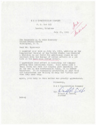 ["The S & B Construction Company received a favorable decision on an additional claim on their contract with the Bureau of Indian Affairs, thanks to the assistance of Senator A. S. Mike Monroney. The company expressed gratitude for the help, especially as a small business just starting out in the construction field. Senator Monroney's efforts were greatly appreciated by the company."]