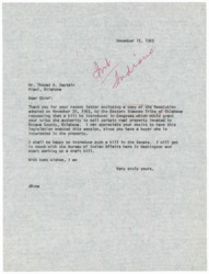 ["The letter is a response to Thomas A. Captain of the Eastern Shawnee Tribe of Oklahoma, thanking him for sending a resolution requesting authority to sell certain real property. The recipient expresses willingness to introduce a bill in Congress to grant the tribe this authority and states that they will start working on a draft bill with the Bureau of Indian Affairs in Washington."]