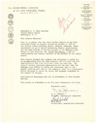 ["The Inter-Tribal Council of the Five Civilized Tribes expressed appreciation for the Area Director assigned to the Muskogee Area Office, Virgil Harrington, for his understanding and sincere interest in the welfare of the Indian people. They pledged full support and assistance to achieve the best administration for the Tribes. They also commended the Muskogee Area Office for working with the community to raise social and economic standards. This information was forwarded to Senator Monroney for his information and files."]