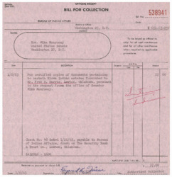 ["The text is an official receipt for a bill for collection from the Bureau of Indian Affairs. The bill is for certified copies of documents pertaining to certain Kiowa Indian estates furnished to Fred R. Harris, Lawton, Oklahoma, pursuant to a request from Senator Mike Monroney. The amount due on the bill is $17.00, which was received as payment on January 6, 1963. The receipt is to be issued as an official receipt for all cash remittances and other remittances when required by applicable procedures."]