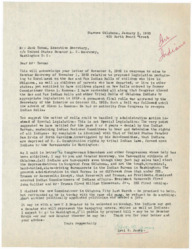 ["The author is writing to Jack Yocum about their concerns regarding proposed legislation pertaining to the enrollment on the Sac and Fox Indian Rolls. They argue that the rolls were closed by Congress in 1919 and should not be reopened. They believe that Indians are being deprived of their rights by tribal Indian laws enforced by bureaucrats in Washington. The author criticizes the current administration in the Indian Bureau and hopes that with a new U.S. Senator, the Indians may get representation that aligns with the taxpaying voters. They plan to visit Washington to discuss their proposed bill."]