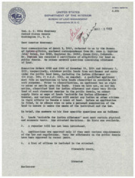 ["The letter is in response to a communication from Senator Monroney regarding Amos A. Hopkins' questions about land allotment. The Bureau of Land Management explains that public lands have been withdrawn from settlement and entry under the Indian Allotment Act, and applicants must file an application to have lands classified as available for allotment. The letter provides answers to Hopkins' specific questions and states that very few allotments on public lands have been approved in recent years. The Bureau offers assistance in locating suitable land for allotment."]