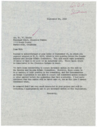 ["The text is a letter from DQA to W. W. Keeler, the Principal Chief of the Cherokee Nation, regarding H.R. 6496, a bill for transferring 40 acres of land to the Cherokee Indians for an industrial site. DQA expresses interest in the project and assures Keeler that they are working to secure favorable action on the bill, but cannot determine a timeline at this time due to other priorities in the committee."]