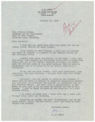 ["In the letter dated October 21, 1963, J.D. Lewis declines the offer to serve as a member of the General Counsel of the Chickasaw Tribe, but offers his support in legislation affecting self-rule and restoring the capitol at Tishomingo. He expresses pride in Governor Overton James and offers to help with fundraising efforts for the restoration of the Museum. Lewis also reflects on the meaning of the word Tishomingo and urges action after waiting for a long time."]