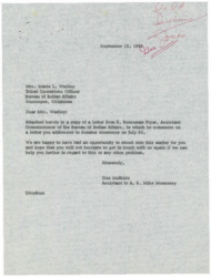 ["The letter is a response to Mrs. Marie L. Wadley from Don McBride, Assistant to Senator Monroney, regarding a previous letter she wrote to the Bureau of Indian Affairs. They have looked into the matter and are willing to help further if needed."]