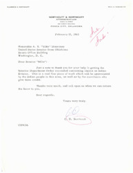 ["The Northcutt law firm in Ponca City, Oklahoma, thanks Senator A. S. Mike Monroney for his help in rescinding an Interior Department Order concerning claims on Indian Estates. They express gratitude for his assistance and offer their support in return."]