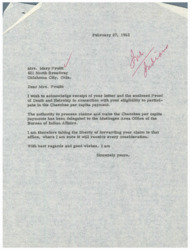 ["The recipient's letter and Proof of Death and Heirship for participation in the Cherokee per capita payment have been received. The claim has been forwarded to the Muskogee Area Office of the Bureau of Indian Affairs for processing."]