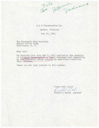 ["S & B Construction Co. received a confirmation letter from Senator Mike Monroney for the awarding of a contract for the installation of steel stairways and remodeling at the Riverside Indian School. They express gratitude for receiving the contract and thank the senator for his interest in the matter."]