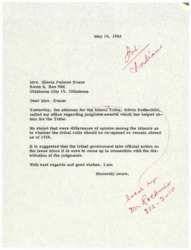 ["The letter is addressing Mrs. Gloria Palmer Evans regarding a discussion with the attorney for the Miami Tribe about judgment awards. There are differences of opinion within the tribe about whether the tribal rolls should be re-opened or remain closed as of 1938. It is suggested that the tribal government take official action on the issue before it becomes relevant to the distribution of the judgments."]
