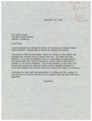 ["Dad, an Indian man named Reid, wrote a letter to Riley Moore on September 18, 1963 regarding his daughter Barbara's scholarship to attend college in Edmond, Oklahoma. He contacted the Bureau of Indian Affairs Education Office, who advised that Barbara needs to make an application for the scholarship. The Muskogee Office is working on the matter and will determine her eligibility. Dad assures Moore that the Bureau will handle the matter promptly to minimize any further school time lost for Barbara. He hopes the situation will be resolved to Moore's satisfaction."]