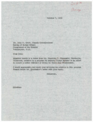 ["A letter dated October 7, 1963, from DAIA to John O. Crow at the Bureau of Indian Affairs in Washington, D.C., regarding a program for training Osage Indians in Oklahoma to improve their standard of living. The letter requests advice on the program and asks for a reply with Shoemake's letter attached."]