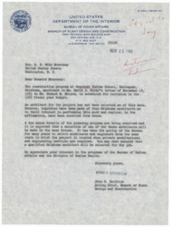 ["The construction program at Sequoyah Indian School in Tahlequah, Oklahoma is scheduled for inclusion in the 1965 fiscal year budget. An architect has not been selected yet, but inquiries have been made to Oklahoma architects and a selection is expected soon. The Bureau of Indian Affairs has a policy of selecting architects and engineers from the same state as the project location."]