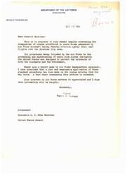 ["The letter is a response to Senator Monroney's inquiry about claims of sonic booms generated by Air Force aircraft during FAA test flights in Oklahoma City. The Air Force's procedures for processing and adjudicating sonic boom claims are designed to protect the interests of claimants and the government. A report by Air Force Headquarters personnel concluded that the standard procedures were justly and reasonably applied to the claims arising from the FAA tests. The letter expresses appreciation for Senator Monroney's interest in Air Force matters and provides a fact sheet on the issue."]