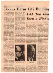 ["A panel of architects, engineers, and builders discussed the potential damage caused by sonic booms on Oklahoma City's homes and buildings. They found no evidence of structural damage due to sonic booms, only minor cracks and vibrations. The panel also investigated the effects of sonic booms on sensitive equipment and found no malfunctions. The purpose of the study and the long-term effects of sonic booms on property remain unclear."]