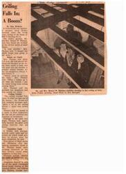 ["A 6-month-old baby narrowly escaped harm when the ceiling of his home in Oklahoma City Limes fell in, possibly due to sonic booms. The parents blame the incident on the booms and had previously reported ceiling cracks to FAA inspectors. The damage was minimal, with only a broken wall plaque and damaged furniture. Firefighters responded to smoking insulation in the floor furnace, but no fire occurred. The neighbors helped clean up the debris and insulation from the fallen ceiling. Mrs. Thomas believes the sonic boom caused the ceiling to collapse, as it fell from the same spot that had cracked earlier."]