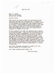 ["Mrs. E. L. Brimmer expresses concerns about the sonic boom studies being conducted in Oklahoma City, citing property damage and public opposition. She urges Hon. A.S. Mike Monroney to take a stand on the issue and requests compensation for damages to her property. Monroney acknowledges the concerns raised by Brimmer and emphasizes the importance of public opinion in shaping national programs. Brimmer continues to express dissatisfaction with the lack of opposition to the sonic boom experiments and urges Monroney to reconsider his stance."]