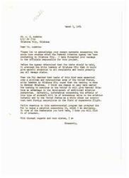 ["The letter acknowledges Mr. Audette's concerns about the sonic boom tests being conducted in Oklahoma City by the Federal Aviation Agency. The tests were promised to be conducted carefully and with attention to complaints and damage claims. Civic leaders in Oklahoma City supported the testing as it could benefit the development of aviation industries in the area. The FAA has issued a pamphlet addressing public concerns about the program. Mr. Audette expresses his opposition to the tests as an invasion of his rights and a wasteful use of taxpayer money, and threatens to voice his concerns at the polls if necessary."]