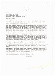 ["The letter acknowledges Mr. Bass's displeasure with sonic boom studies being conducted in Oklahoma City and mentions that the FAA promised to address complaints and pay damage claims. The writer refrains from influencing public opinion on the tests and supports those opposing the tests in court. A brochure explaining the purpose of the study is enclosed, and the writer asks Senator Edmondson to oppose the tests if they are not beneficial to the majority of people."]