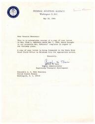 ["The Federal Aviation Agency received a complaint about a Steinway piano from Mrs. Fred L. McKinnis, forwarded by Senator Monroney. The letter was acknowledged and sent to the Sonic Boom Study Field Office for further action."]