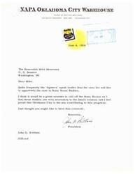 ["The letter is from John O. Brittain, the president of Brittain Brothers, who expresses his support for Sonic Boom Studies and believes it would be a mistake to call them off. He is proud that Oklahoma City is contributing to this progress in aviation. The letter is addressed to U.S. Senator Mike Monroney."]
