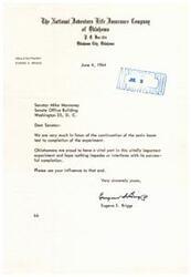 ["The National Investors Life Insurance Company of Oklahoma, represented by Eugene S. Briggs, wrote a letter to Senator Mike Monroney expressing support for the continuation of the sonic boom test. They emphasized the importance of the experiment and requested the Senator's influence to ensure its successful completion."]