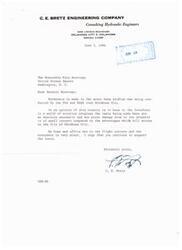 ["The letter is from C.E. Bretz, a consulting hydraulic engineer, to Senator Mike Monroney in support of the sonic boom studies being conducted by the FAA and NASA over Oklahoma City. Bretz believes that the tests are necessary for the advancement of aviation and the minor property damage is outweighed by the benefits to the city. He personally experiences minor annoyance from the flights but still urges the senator to continue supporting the tests."]