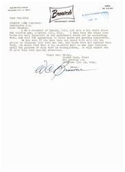 ["The letter is from Browne's Department Store in Oklahoma City to Senator Mike Monroney in Washington D.C., expressing support for Sonic Boom Tests and stating that opposition to the tests is exaggerated. The store believes that most people in Oklahoma City are in favor of the tests and want them to continue until their purpose is accomplished. The store asks the Senator to give the issue special attention."]