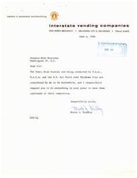 ["Monte J. Bradley, a leader in automated merchandising, is requesting Senator Mike Monroney to support the Sonic Boom Studies being conducted over Oklahoma City by F.A.A., N.A.S.A., and the U.S. Air Force. Bradley believes the studies are worthwhile and should be continued to completion."]
