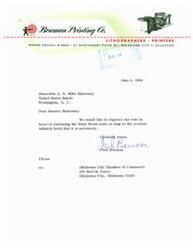 ["Bowman Printing Co. expresses support for continuing Sonic Boom tests as long as the aviation industry deems it necessary in a letter to Senator Monroney."]