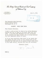 ["The Vice President and Trust Officer of The Liberty National Bank and Trust Company of Oklahoma City expresses support for the Sonic Boom Test program in a letter to Senator Mike Monroney, stating that the majority of Oklahoma City residents accept the tests as necessary."]