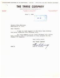 ["The Trane Company, a manufacturer of air conditioning, heating, ventilating, and heat transfer equipment, expressed support for the Sonic Boom Studies being conducted over Oklahoma City in a letter to Senator Mike Monroney. The company's Oklahoma City office signed a vote of confidence for the program on behalf of all nine members."]