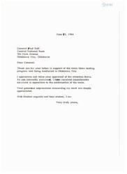 ["The document is a letter from General Paul Bell to Senator Mike Monroney, thanking him for his support of the sonic boom testing program in Oklahoma City. General Bell expresses appreciation for the positive feedback and acknowledges opposition to the tests. He also praises Oklahoma City for being chosen as a pioneer in the age of sonic speed and commends Senator Monroney for his work in aviation."]