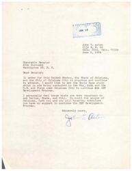 ["John Acton is writing to Senator Mike Monroney in support of the Sonic Boom study being conducted by the FAA, NASA, and the U.S. Air Force over Oklahoma City as part of the SST Development Program. He believes that these tests are important for the progress and advancement of the United States, Oklahoma, and Oklahoma City, and expresses his support for continuing the program."]