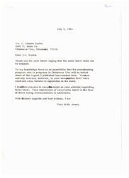 ["The letter is in response to a request to stop sonic boom tests in Oklahoma City. The writer acknowledges the opposition to the tests but states that they will continue until the published termination date. The writer praises the recipient for their community spirit and leadership in aviation. They urge that the sonic booms not be stopped."]
