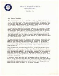 ["The letter is a response to Senator Monroney regarding the claims procedures for property damage in Oklahoma City. The Federal Aviation Agency has streamlined the process to ensure fair treatment for all citizens submitting claims. Qualified structural engineers review damage reports, and adjusters and engineers are not coerced into filing negative reports. The burden of proof is not placed on the property owner, and each claim is adjudicated based on potential sonic boom damage. The Tinker Claims Office reviews and adjudicates each case individually, and in response to suggestions, future denial letters will include the cause of the damage as determined by the engineer."]