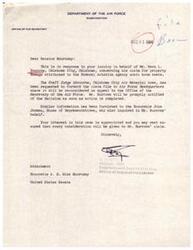 ["Senator Monroney has been assisting Mr. Vern Burrows with a claim for property damage attributed to sonic boom tests conducted by the Federal Aviation Agency. The claim has been denied by the Air Force due to findings that the damage was not caused by sonic booms. Senator Monroney's office is working to appeal the decision and ensure Mr. Burrows receives fair treatment."]