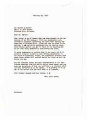 ["Mr. Carter wrote to the FAA and Senator Monroney expressing concerns about the sonic boom testing in Oklahoma City, stating that the daytime tests discriminate against shift workers who need to sleep during the day. He suggests that the testing should also take place at night to allow more people to be involved in the progress. He urges for fair consideration and equal rights for all individuals affected by the testing."]