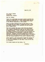 ["The letter acknowledges Mrs. Drennan's concerns about the sonic boom studies being conducted in Oklahoma City by the Federal Aviation Agency. The FAA promised to address complaints and pay damage claims. Civic leaders supported the testing in hopes of attracting aviation industries to Central Oklahoma. The FAA has issued a pamphlet about the program in response to public reaction. Mrs. Drennan urges Senator Monroney to stop the sonic boom tests due to the damage they are causing to homes and health."]