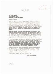 ["The document is a letter from Senator A.S. Mike Monroney to Mr. Fred Cosman regarding the issue of sonic boom testing in Oklahoma City. The Senator assures Mr. Cosman that he has considered the rights of the citizens affected by the testing and believes that it will benefit the aviation industry and the country as a whole. The Senator also mentions that the Federal Aviation Agency will address complaints and damage claims related to the testing. Mr. Cosman questions the Senator's interests and values, asking if he is truly considering the welfare and rights of all individuals affected by the testing."]